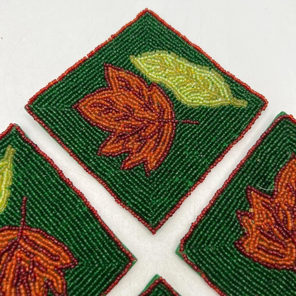 Set of Four Glass Beaded Coasters Fall Leaves Leaf Green Rust Colored